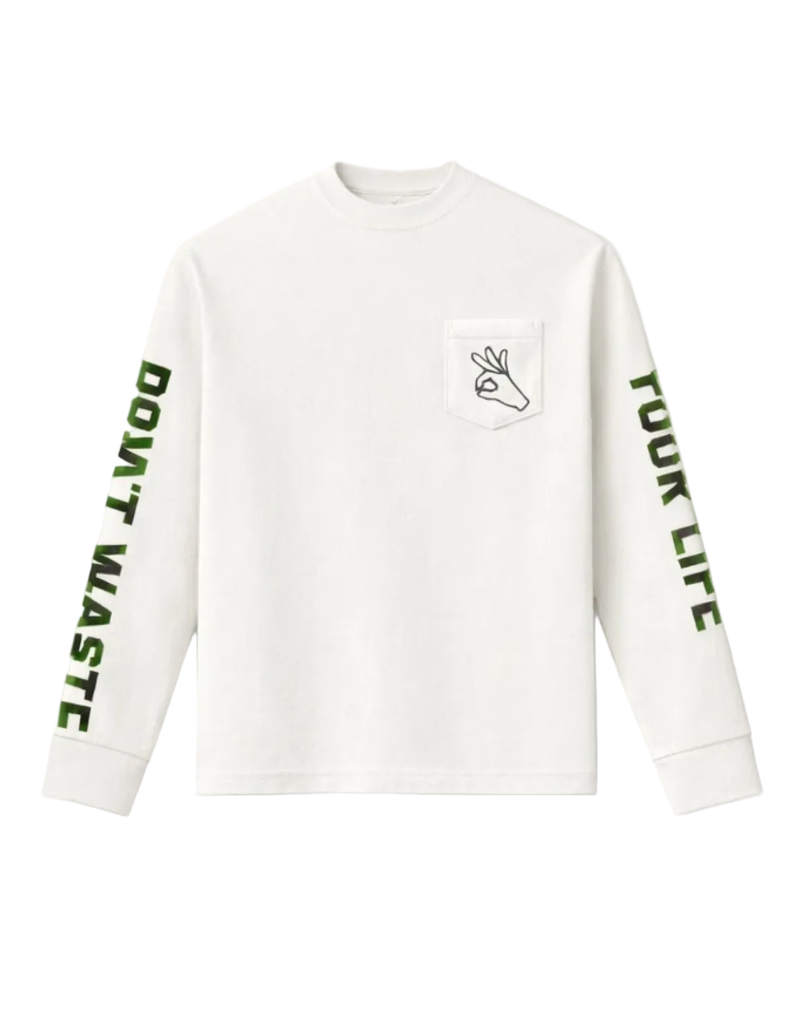 White long-sleeve shirt with text on sleeves against a white background