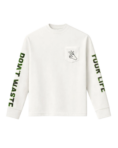 White long-sleeve shirt with text on sleeves against a white background